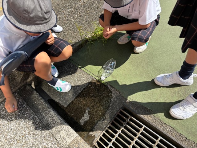 へこませたペットボトルに水を入れて地面の傾きと水の流れる方向を確認しています。