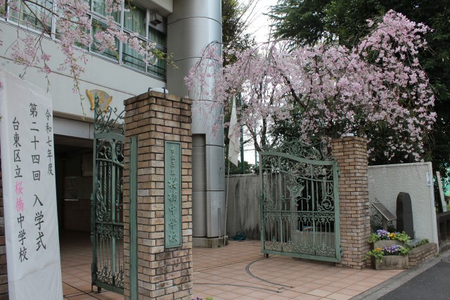 正門と桜と立て看板